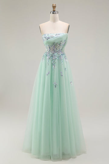 Green A-Line Strapless Tulle Sheer Corset Long Prom Dress with Appliques